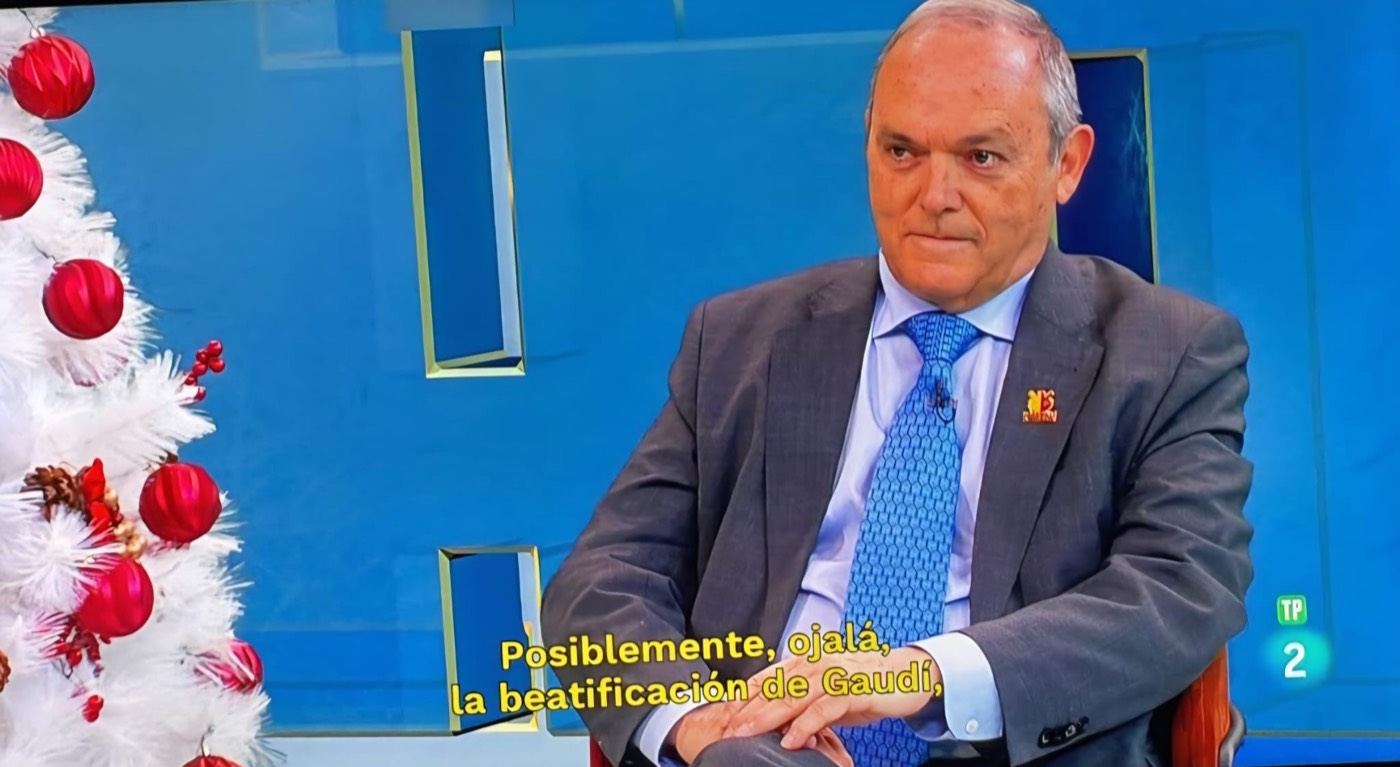 Captura de televisión de José Manuel Almuzara sentado durante una entrevista en un plató, con un árbol de Navidad decorado al fondo y subtítulos en pantalla.