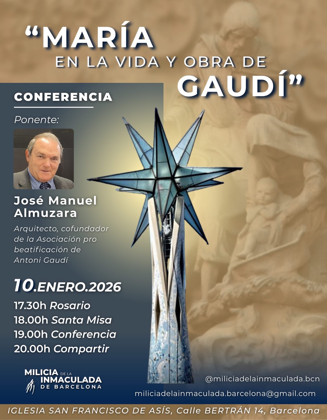 Cartel de la conferencia «María en la vida y obra de Gaudí» con José Manuel Almuzara como ponente, organizada por la Milicia de la Inmaculada de Barcelona, 10 de enero de 2026.
