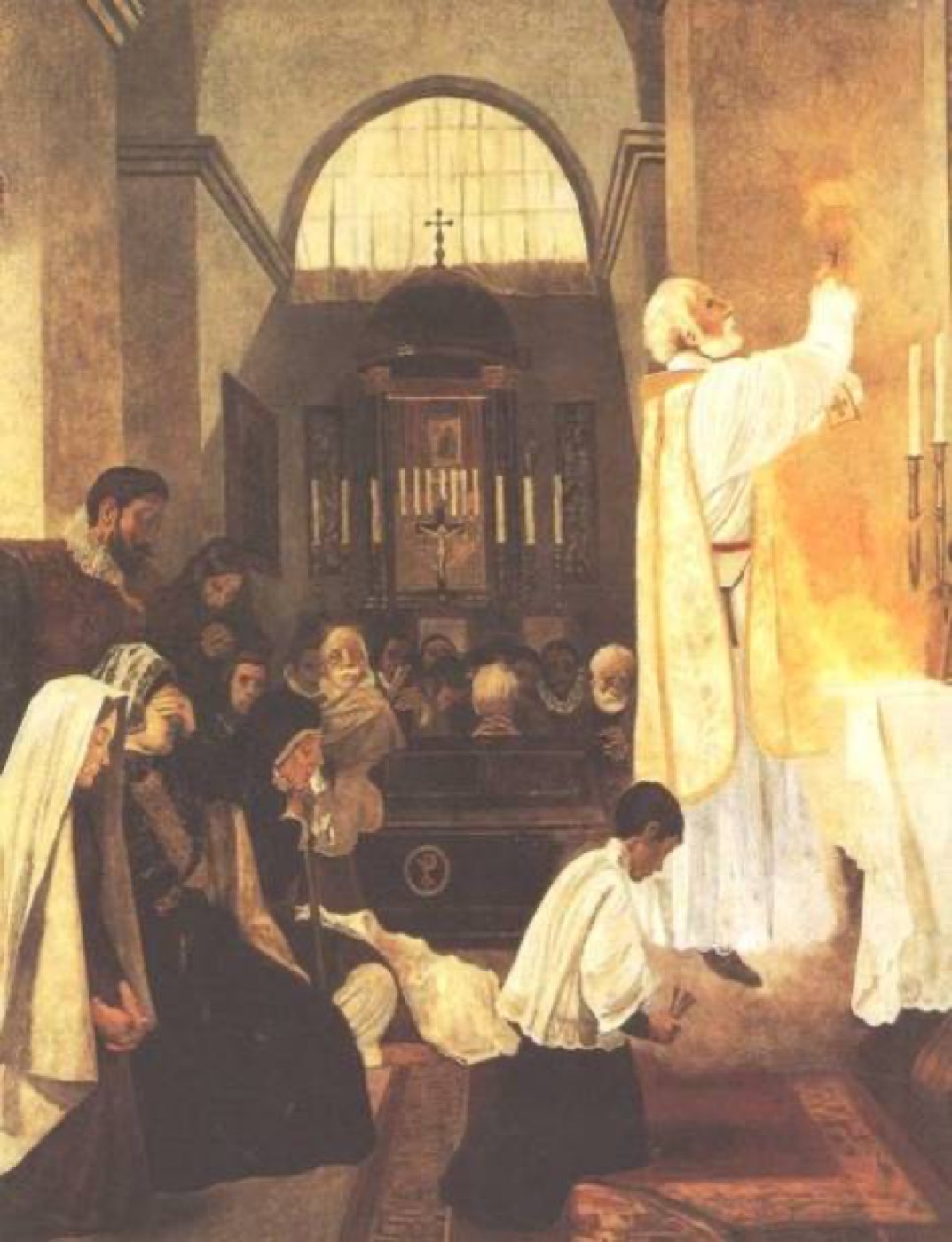 Pintura religiosa de un sacerdote con casulla dorada encendiendo velas en un altar, rodeado de fieles arrodillados, en el interior de una iglesia barroca.