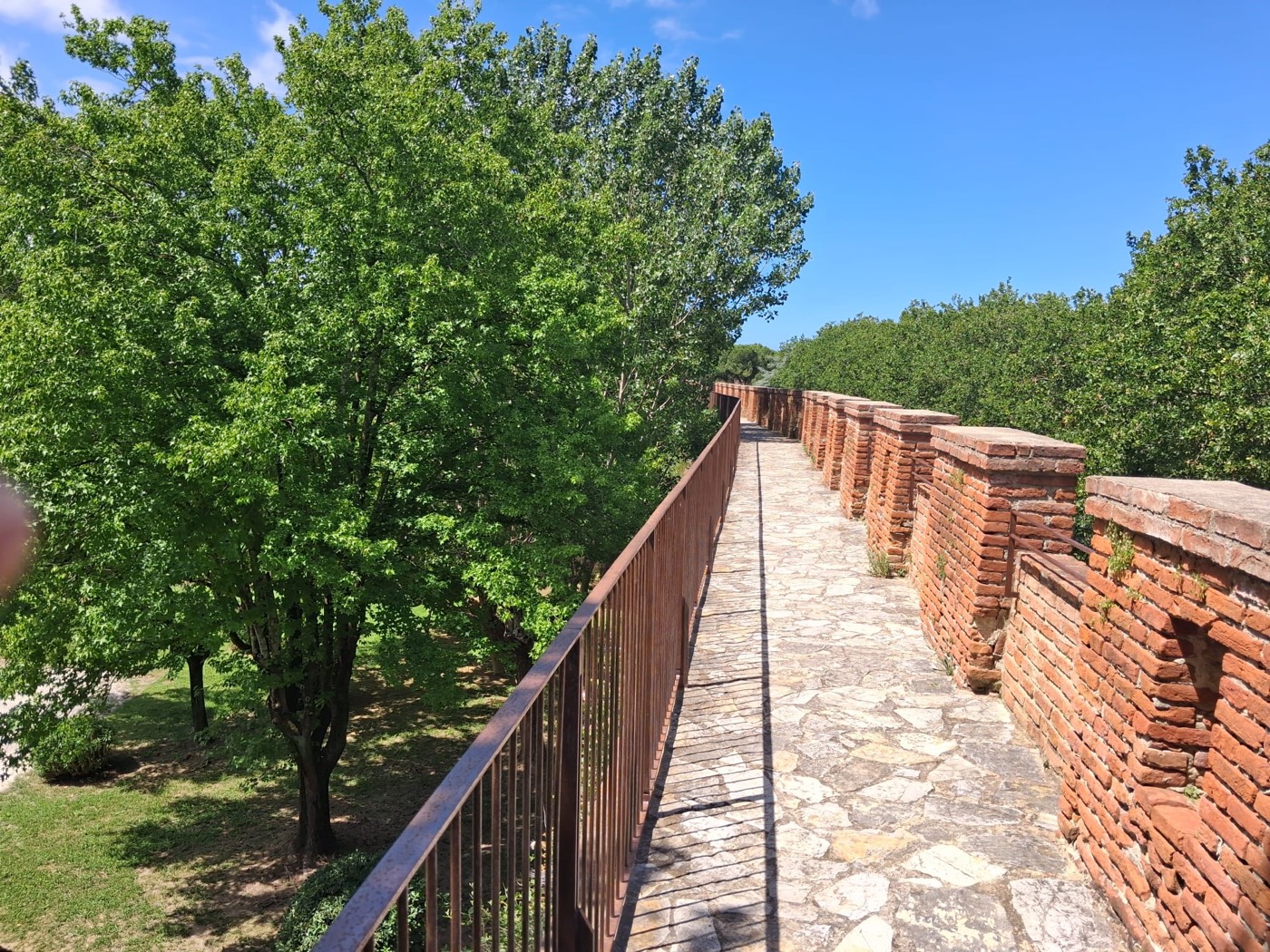Pasarela sobre la muralla de Pisa flanqueada por una barandilla de hierro, con árboles a un lado y almenas de ladrillo al otro.