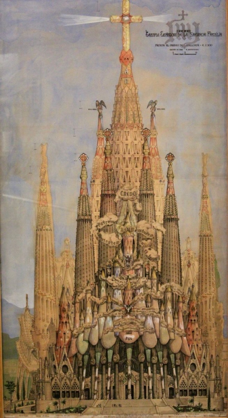 Dibujo o maqueta en tonos ocres de la fachada de la Gloria del templo expiatorio de la Sagrada Família.